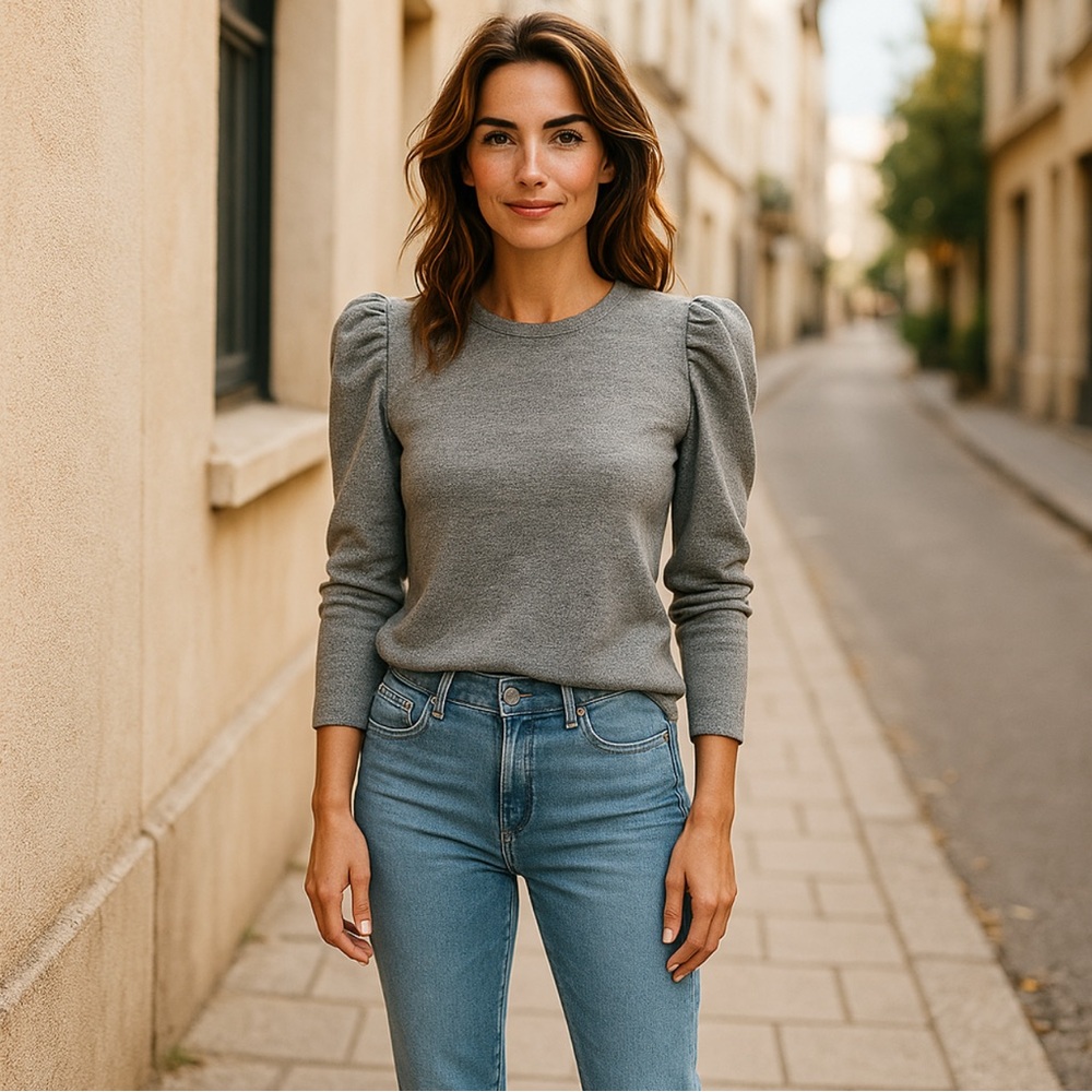 Elegant Gray Puff Sleeve Sweater